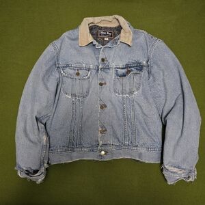 Distressed Blue Bay Men's Denim Jacket with Tan Collar